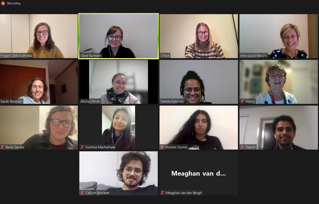 A video call with small squares with each of the 13 attendees' faces.